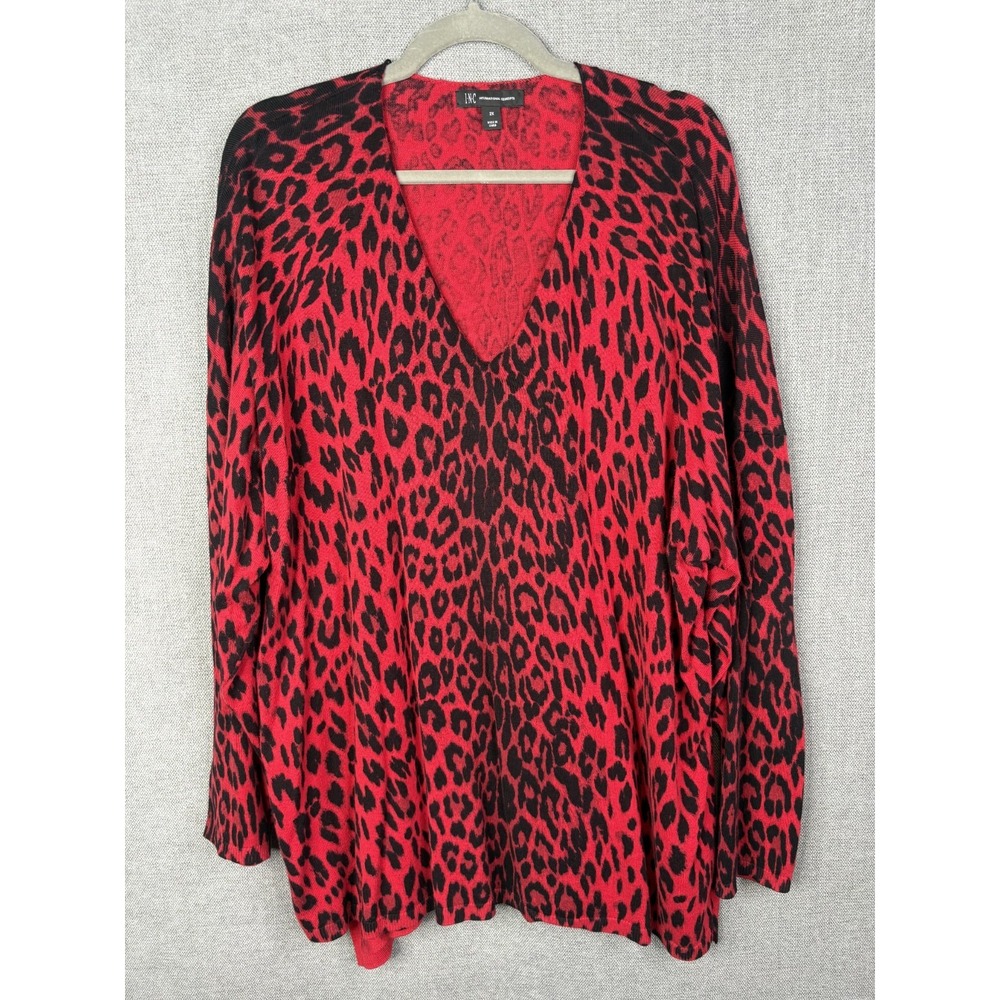 INC International Concepts Sweater Women 2X Black Red Animal Print Cheetah Artsy